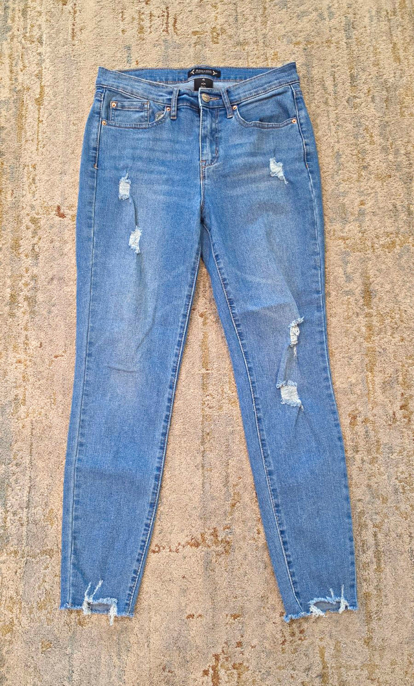 Nanette Lepore Belle High Rise Ankle Skinny Jeans Blue Distressed Stretch 4